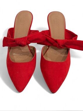 LOFT Outlet Red Pointed-Toe Bow Slip-On Kitten Heel | Size 10
